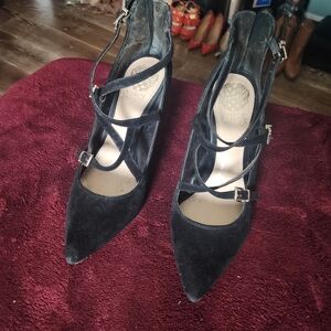Vince Camuto Black Suede Pointed-Toe Strappy Pumps